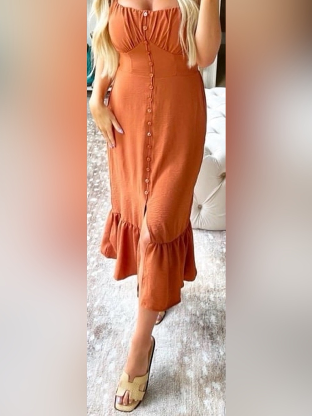 No Boundaries Rust Button-Front Ruffle Hem Maxi Skirt